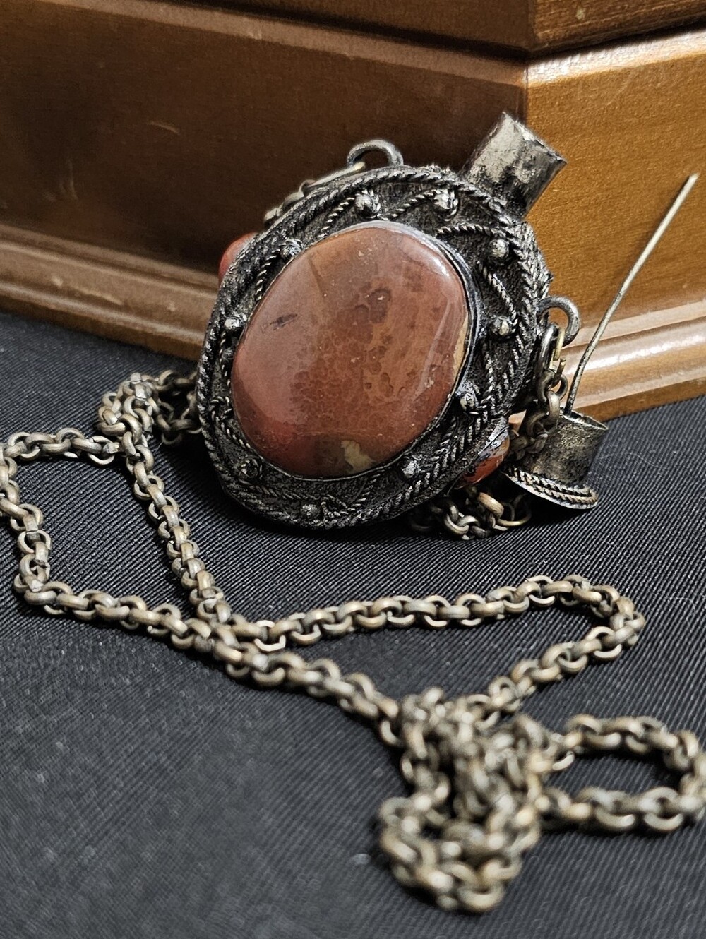 Vintage Tibetan Perfume Bottle Pendant Necklace Reversible Stones w/ Dabber